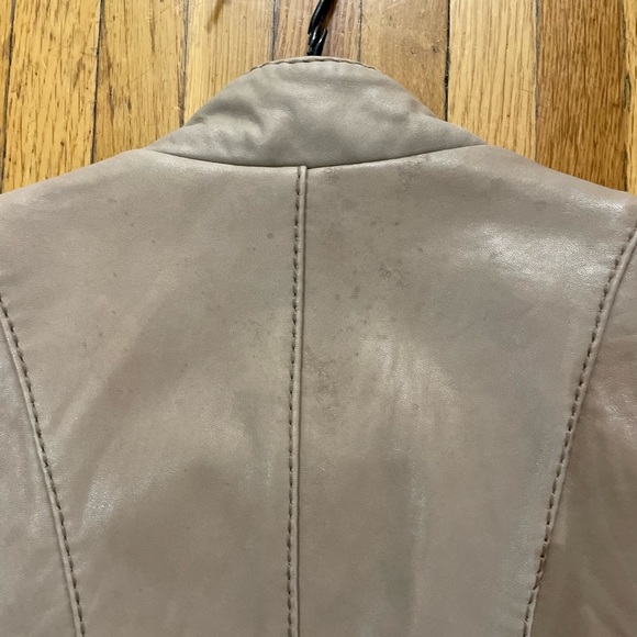 Taupe Michael Kors 100% Genuine Leather moto style jacket flared sleeve M - Picture 5 of 7